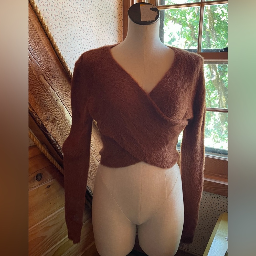 elodie Faux-Wrap, Front-Wrap Fuzzy V-neck Sweater